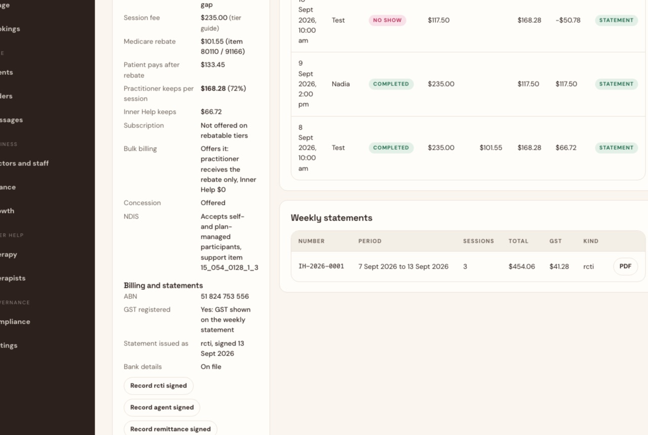 Healable admin: a practitioner's deal, sessions and weekly statement